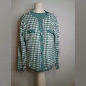 Alfred Dunner Aqua and Ivory Check Sweater Set